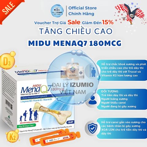 [Hàng Mới Về] Tăng Chiều Cao Midu MenaQ7 180mcg Hộp 30 Ống D3K2 Canxi Cho Bé Phát Triển Chắc Xương - Chính Hãng Hoa Kỳ