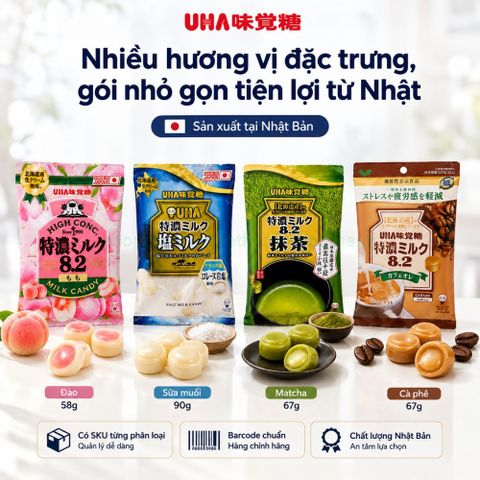 Keo sua UHA Tokuno Nhật Bản, Hương Vị Thơm Béo Ngon Đặc Trưng Cafe, Sữa, Đào, An Toàn