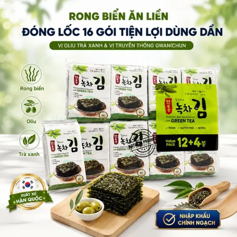 Rong biển ăn liền Hàn Quốc lốc 16 gói x 4g - Vị Trà Xanh Ăn Liền Thơm Ngon và Tiện Lợi