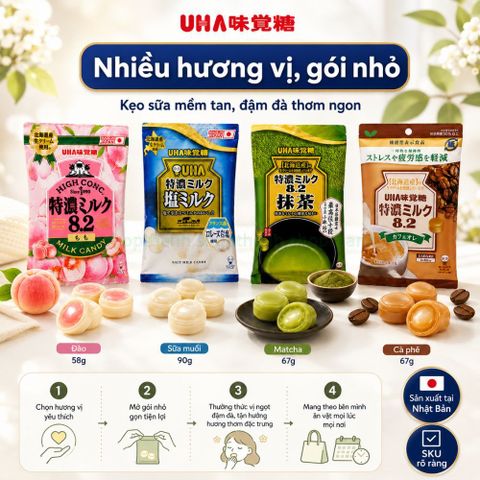 Keo sua UHA Tokuno Nhật Bản, Hương Vị Thơm Béo Ngon Đặc Trưng Cafe, Sữa, Đào, An Toàn
