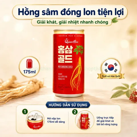 Combo 5 Lon, 15 Lon Nước hồng sâm Queen Bin 175ml - giải khát, giải nhiệt, xuất xứ Hàn Quốc