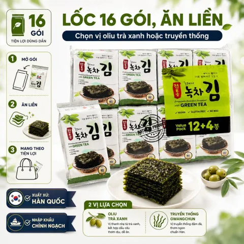 Rong biển ăn liền Hàn Quốc lốc 16 gói x 4g - Vị Trà Xanh Ăn Liền Thơm Ngon và Tiện Lợi