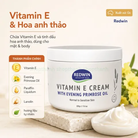 Redwin Vitamin E Cream 330g - kem dưỡng ẩm mềm mịn cho mặt và body chứa tinh dầu hoa Anh Thảo Úc