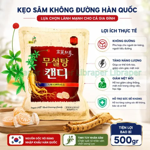 Kẹo Sâm Không Đường Hàn Quốc 500g Hỗ Trợ Giảm Mệt Mỏi Căng Thẳng Dành Cho Nhân Viên Văn Phòng