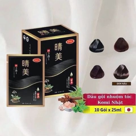 🌿 Dầu gội phủ bạc Komi Nhật Bản chính hãng, đen tóc tự nhiên, hộp 10 gói x 25ml - Nâu Đen