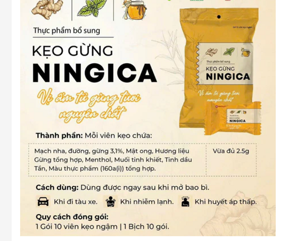 Kẹo gừng Ningica Nam Dược giảm say xe, huyết áp thấp, nhiễm lạnh (Gói 10 viên)