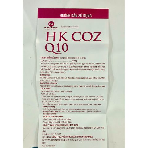 HK COZ Q10 - Bổ sung Coenzym Q10, hỗ trợ giảm cholesterol máu, nguy cơ xơ vữa động mạch, tốt cho tim mạch