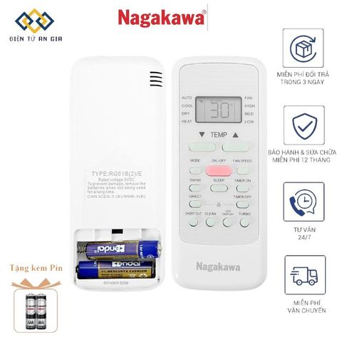 [HÀNG XỊN PHÍM ÊM NHẠY] Điều khiển điều hòa NAGAKAWA NÚT HỒNG 2 CHIỀU TẶNG SẴN PIN
