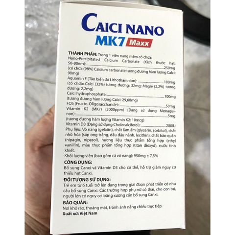 VIÊN UỐNG Calcium Calci Nano Mk7 Maxx Tảo biển đỏ chống còi xương loãng xương, cho xương và răng chắc khỏe