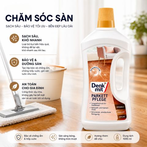 Nước lau sàn gỗ Denkmit 1L Parkettpflege Đức làm sạch chăm sóc sàn gỗ sáng bóng bền lâu