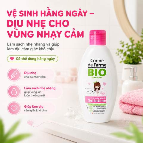 Gel Vệ Sinh Bé Gái Corine de Farme BIO Organic 125ml - Không Hương Liệu, Dịu Nhẹ Cho Bé Từ 2 Tuổi