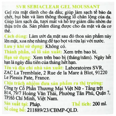 Gel rửa mặt không xà phòng cho da dầu SVR Sebiaclear Moussant 200ml