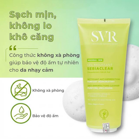 Gel rửa mặt không xà phòng cho da dầu SVR Sebiaclear Moussant 200ml