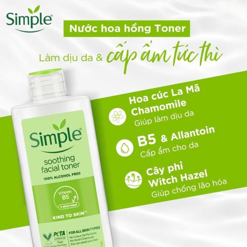 Nước Hoa Hồng Simple Dưỡng Ẩm Cân Bằng Da 200ml Kind to Skin Soothing Facial Toner [hàng nhập khẩu]