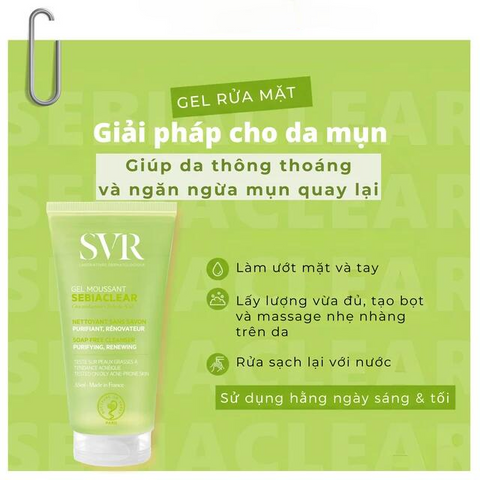 Gel rửa mặt và loại bỏ tế bào chết không chứa xà phòng SVR Sebiaclear Gel Moussant 55ml