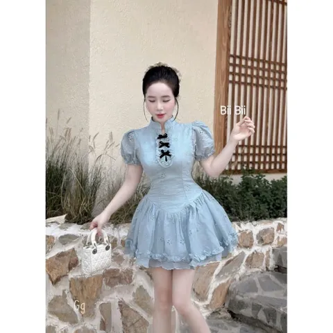 Đầm tiểu thư ren thêu hoa nơ thanh lịch cho nữ