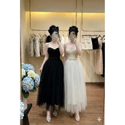 Đầm dây xoè dài, tùng phồng 2 lớp sang xịn