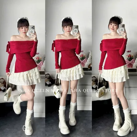 Set áo bệt vai phối chân váy tầng xinh xắn