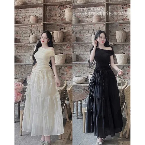 Set thiết kế áo bẹt vai nhún eo tăm tàu kèm chân váy voan maxi tầng đính dây