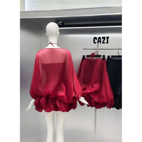 Đầm trễ vai bánh bèo chân váy bí thiết kế buộc hoa cổ điệu đà