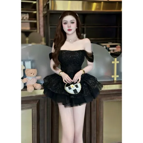 Đầm ống tơ hoa hồng cánh tiên xoè bồng hot
