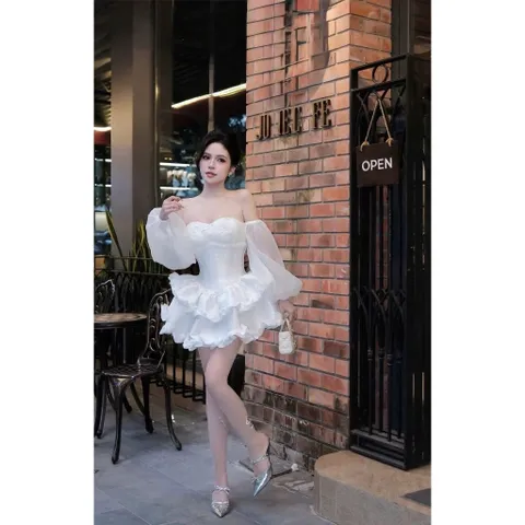 Đầm cúp ngực nơ nhí tay bồng tùng nhún xoè hot