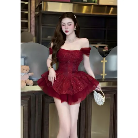 Đầm ống tơ hoa hồng cánh tiên xoè bồng hot