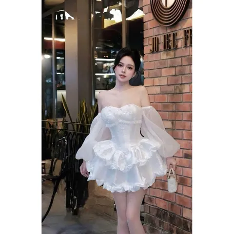Đầm cúp ngực nơ nhí tay bồng tùng nhún xoè hot