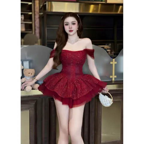 Đầm ống tơ hoa hồng cánh tiên xoè bồng hot