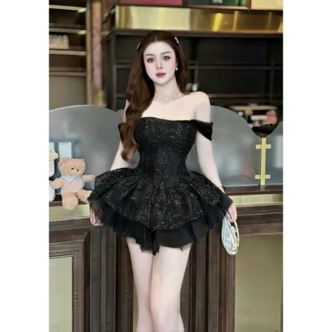 Đầm ống tơ hoa hồng cánh tiên xoè bồng hot