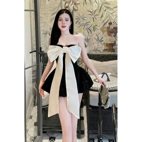 Đầm nhung kim tuyến cúp bí bồng bềnh nơ to rời kim gài