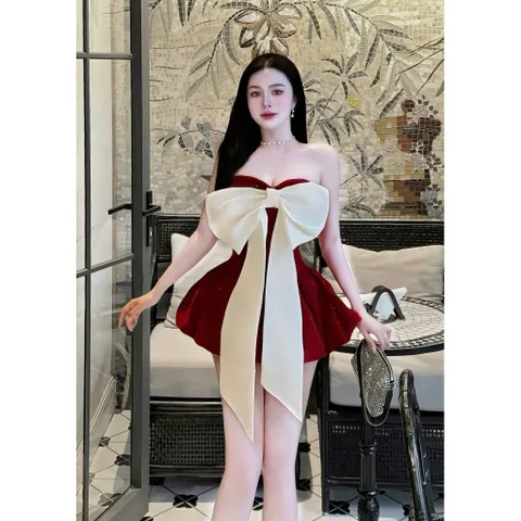 Đầm nhung kim tuyến cúp bí bồng bềnh nơ to rời kim gài