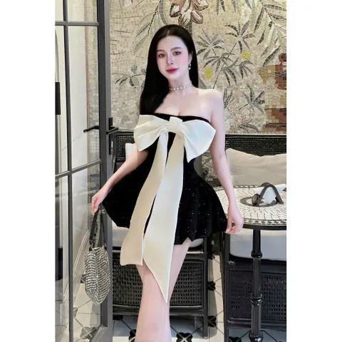 Đầm nhung kim tuyến cúp bí bồng bềnh nơ to rời kim gài