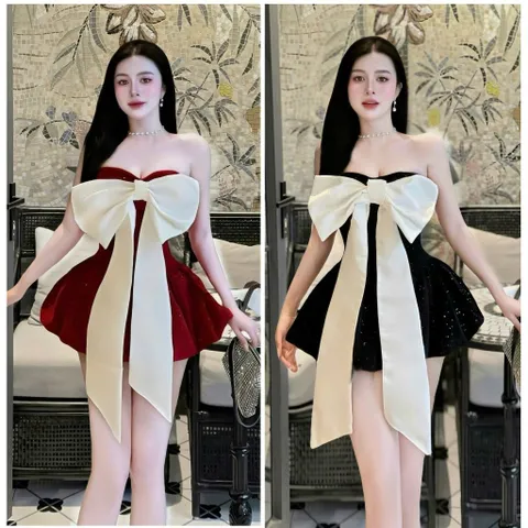 Đầm nhung kim tuyến cúp bí bồng bềnh nơ to rời kim gài