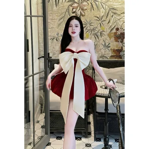 Đầm nhung kim tuyến cúp bí bồng bềnh nơ to rời kim gài