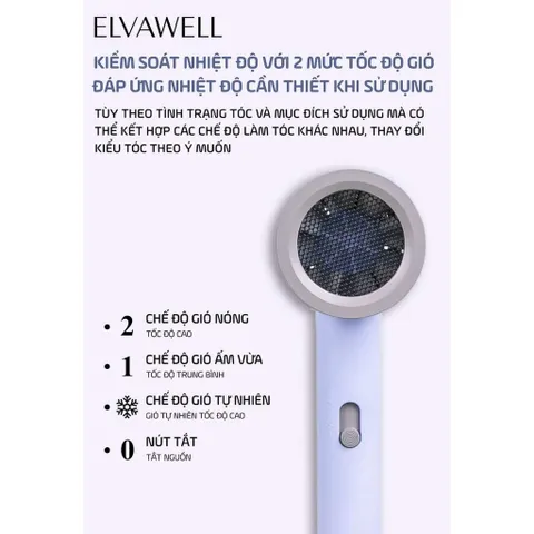 sản phẩm máy sấy tóc của Elvawell được biết đến với công suất lớn và nhiều chế độ sấy.