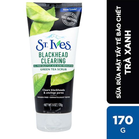 [ Chính hãng ] SỮA RỬA MẶT KẾT HỢP Tẩy Tế Bào Chết St.Ives Blackhead Clearing Green Tea Scrub 170gr MỸ