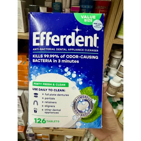 Efferdent Fresh & Clean Viên sủi làm sạch và vệ sinh hàm giả răng  hàm tháo lắp, khay chỉnh nha 126 viên MỸ