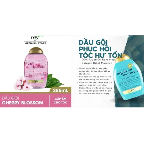 HSD 02.2027 Dầu Gội OGX Argan Oil Giúp Phục Hồi Tóc Hư Tổn 385ml Renewing - cherry blossom shampoo