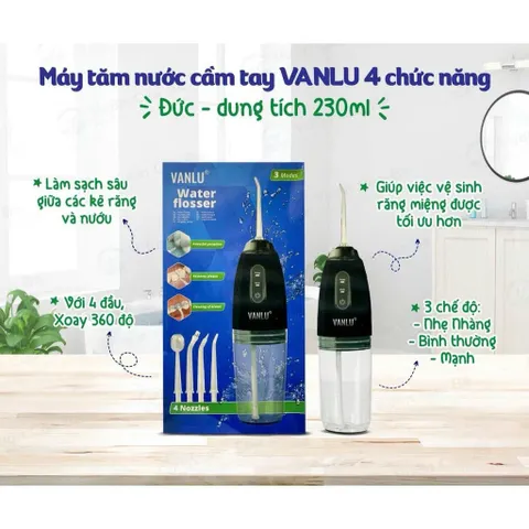 Máy tăm nước Vanlu gồm thân máy, 4 đầu xịt khác nhau phù hợp cho nhiều đối tượng