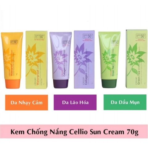 kem chống nắng Cellio đến từ Hàn Quốc, đều có chỉ số bảo vệ cao SPF 50+ PA+++ trọng lượng 70g