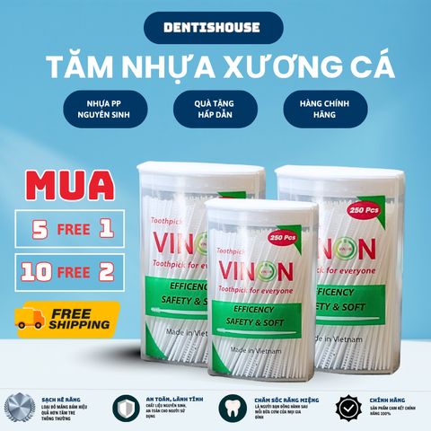 [ COMBO 5 HỘP SIZE LỚN ] tặng 1 hộp 100pcs TĂM VINON (1350 cái) Tăm nhựa xương cá VINON - Hàng Việt Nam Chất Lượng Cao
