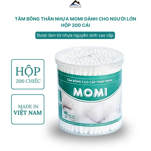 [ Hàng Việt Nam ]  Hộp 200 cái Tăm bông 2 đầu MOMI, Tăm bông thân nhựa kháng khuẩn ngoáy mũi ngoáy tai cho cả gia đình.