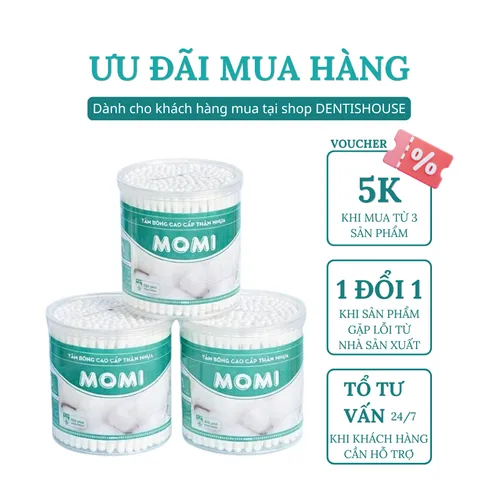 [ Hàng Việt Nam ]  Hộp 200 cái Tăm bông 2 đầu MOMI, Tăm bông thân nhựa kháng khuẩn ngoáy mũi ngoáy tai cho cả gia đình.