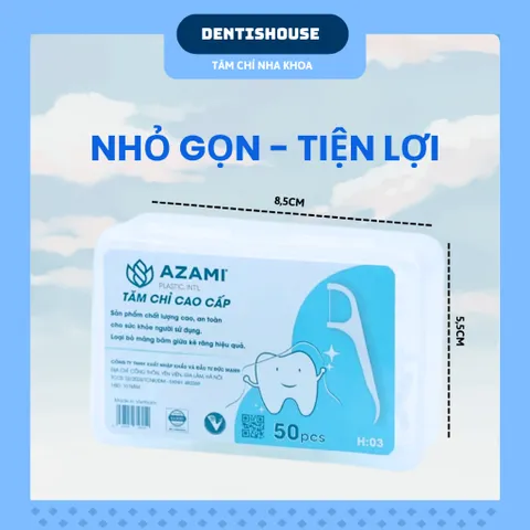 Tăm Chỉ Nha Khoa AZAMI hộp nhỏ tiện lợi 50pcs sợi PTFE cao cấp, Siêu mảnh không sơ dành cho răng khít và nướu nhạy cảm.