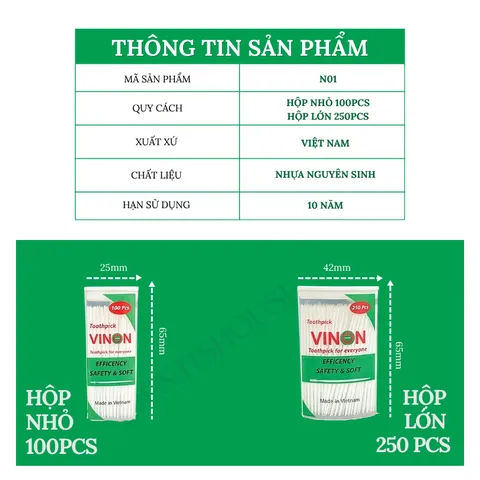 [ COMBO 10 HỘP ] SIZE NHỎ VINON Tặng 1 hộp tổng 1100pcs Tăm nhựa VINON cao cấp sản phẩm vệ sinh răng miệng hàng Việt Nam