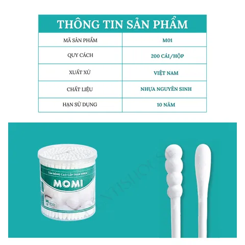 [ Hàng Việt Nam ]  Hộp 200 cái Tăm bông 2 đầu MOMI, Tăm bông thân nhựa kháng khuẩn ngoáy mũi ngoáy tai cho cả gia đình.