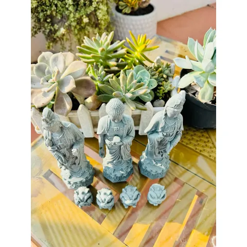 Bộ tượng tam thánh Tây Phươg chất liệu đá sa thạch kích thước cao 20cm ý nghĩa đạo phật deco