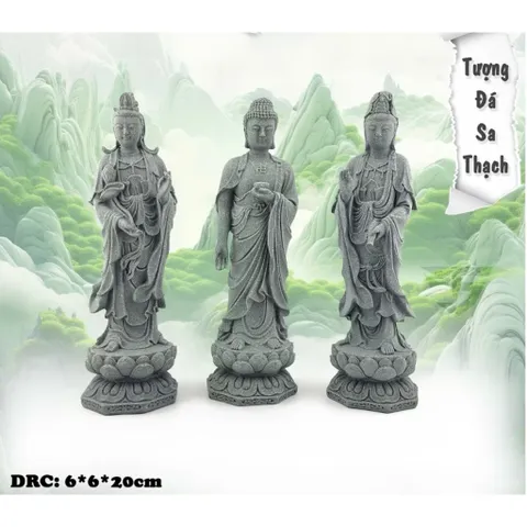 Bộ tượng tam thánh Tây Phươg chất liệu đá sa thạch kích thước cao 20cm ý nghĩa đạo phật deco