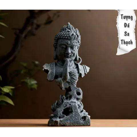 Diện phật thiện -ác bằng đá sa thạch trang trí bế cả,hòn non bộ,chậu cây,thác khói … kích thước 13.5*7.5cm
